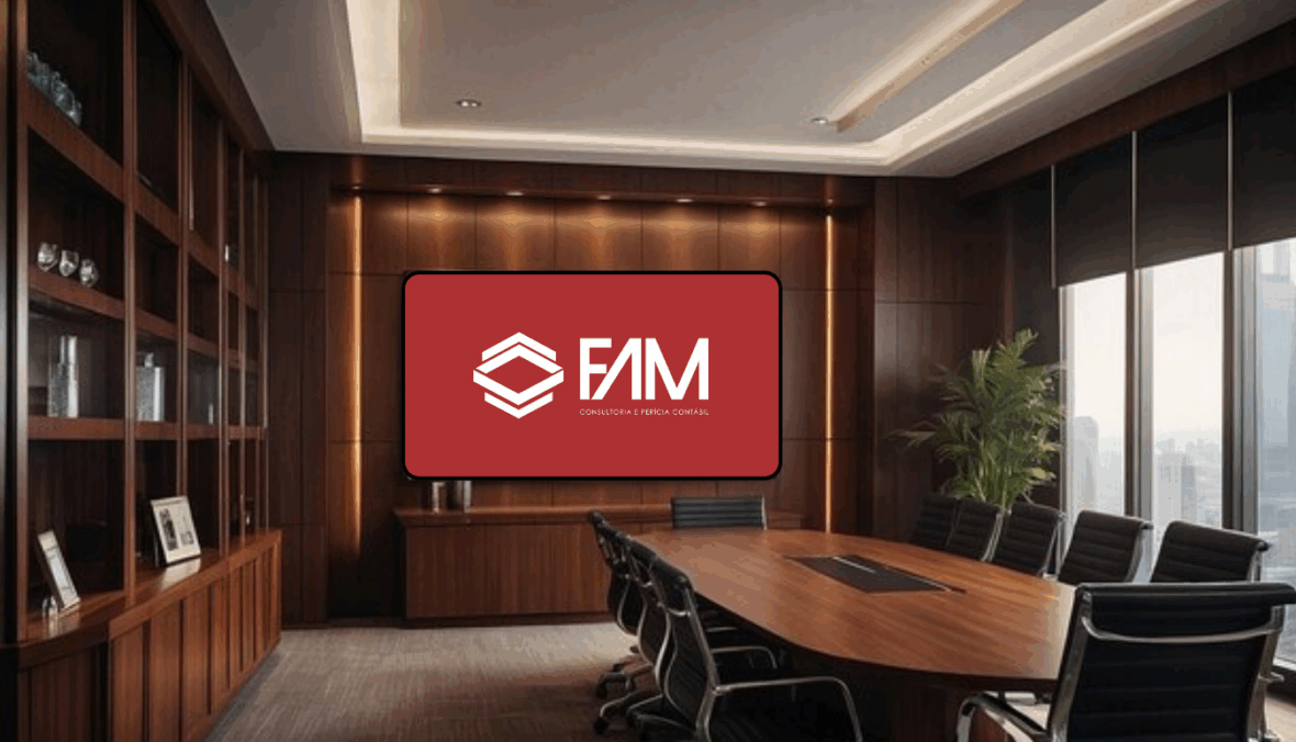 salao de reunião com tela ao fundo com a imagem da fam consultoria